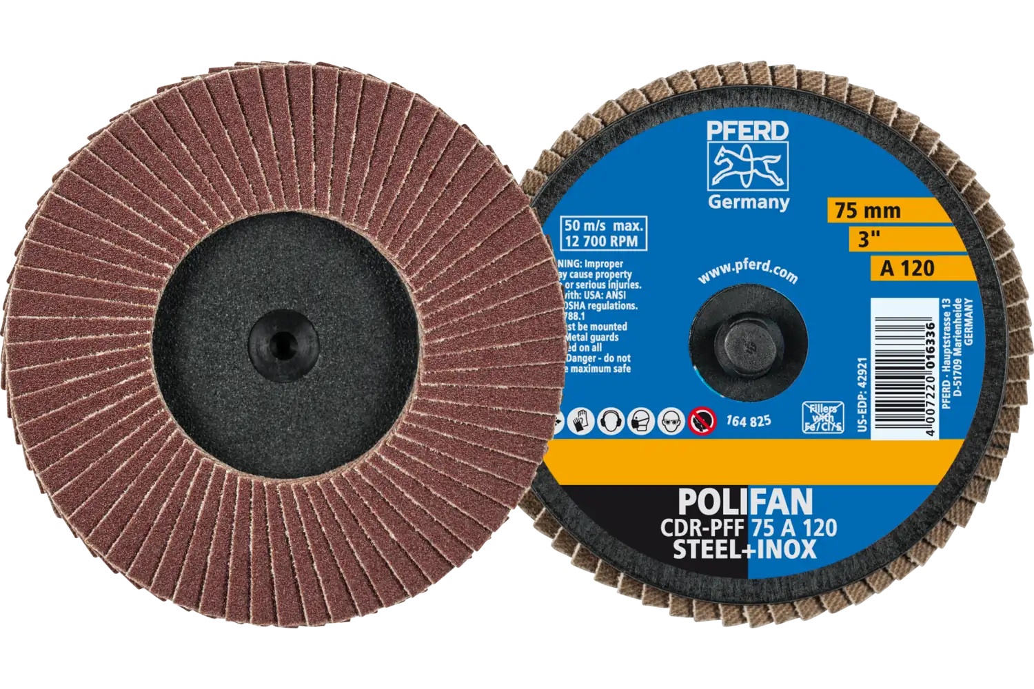 Picture of Pferd Mini Flap Disc, 3" Dia, Type CDR, 120 Grit, Flat, Aluminum oxide